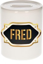 Fred naam cadeau spaarpot met gouden embleem - kado verjaardag/ vaderdag/ pensioen/ geslaagd/ bedankt