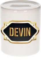 Devin naam cadeau spaarpot met gouden embleem - kado verjaardag/ vaderdag/ pensioen/ geslaagd/ bedankt