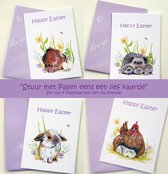 Roosje Rosalie® | Paaskaarten | Set 8 | illustraties dieren | dierenkaarten | kip, konijn, cavia , egels |