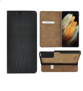 Samsung S21 Ultra hoesje - Bookcase - Samsung Galaxy S21 Ultra hoesje - Portemonnee Wallet case Ultra dun Echt leer Croco Zwart