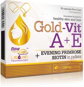 Gold-Vit A+E 30, teunisbloemolie bevat met vitamine A, E, biotine. Het preparaat is geproduceerd met innovatieve Flow Caps Liquid TechnologyTM die een snelle opname in het lichaam garandeert en een hoge kwaliteit van de gebruikte ingrediënten behoudt
