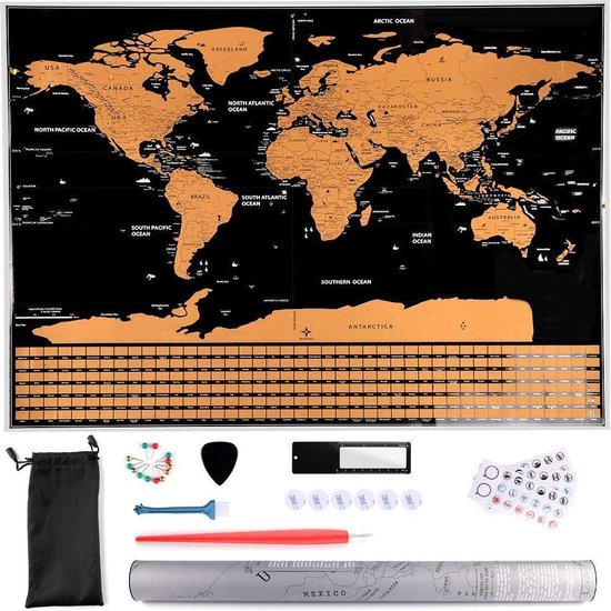 Boos gevogelte Naschrift Wereldkaart - Scratch Map 82,5 x 59,5 cm + accessoires en draagtas | bol.com