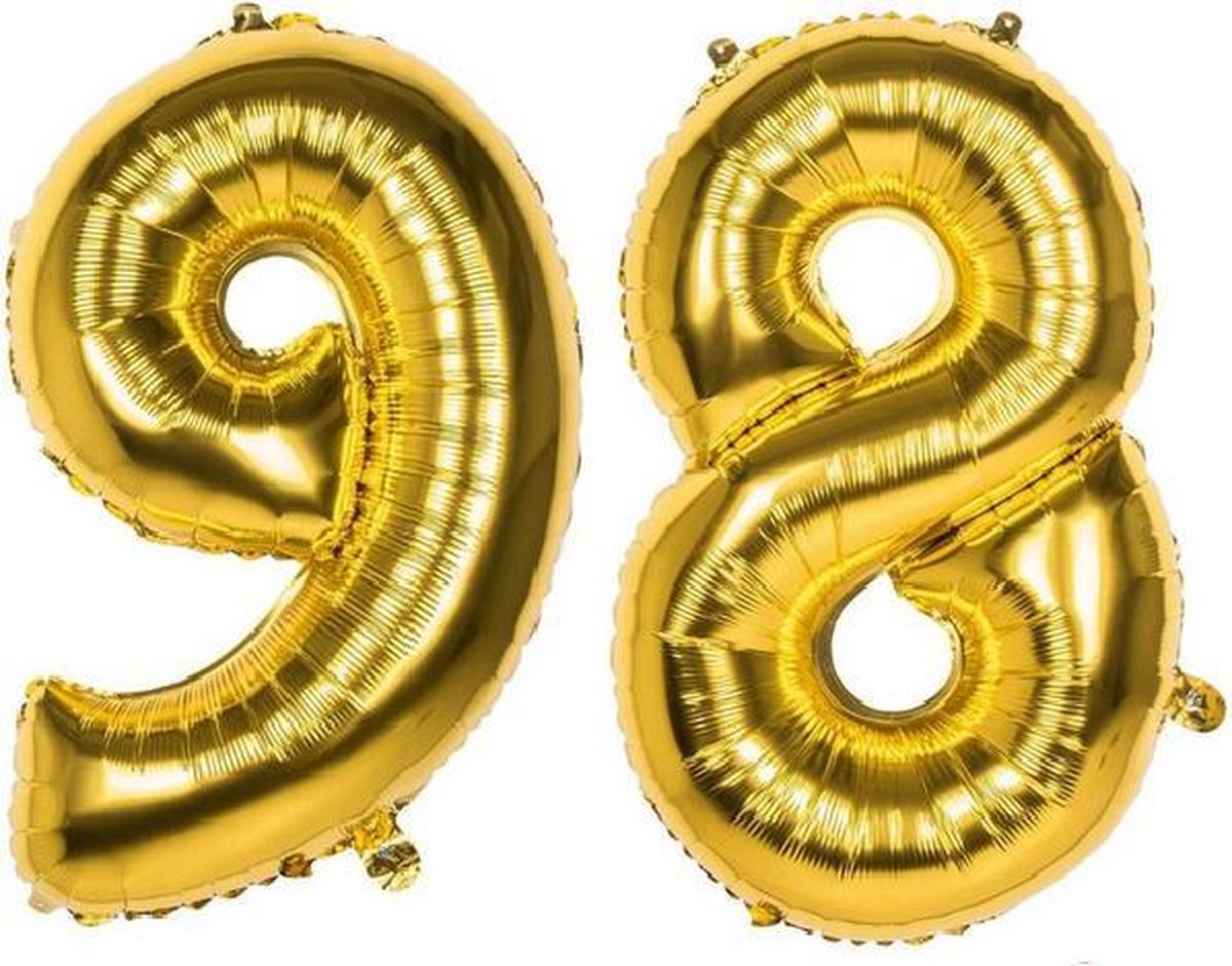 98 Jaar Folie Ballonnen Goud - Happy Birthday - Foil Balloon - Versiering - Verjaardag - Man / Vrouw - Feest - Inclusief Opblaas Stokje & Clip - XXL - 115 cm