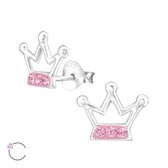 Aramat jewels ® - Kinder oorbellen kroontje swarovski elements kristal 925 zilver roze 10mm x 8mm