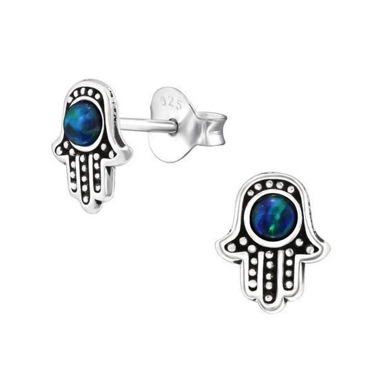 Aramat jewels ® - Geoxideerde zilveren oorstekers hamsa hand opaal blauw 925 zilver 7mm x 8mm