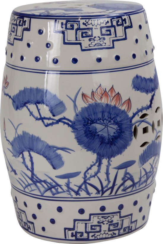 Fine Asianliving Keramische Kruk Blauw Wit Waterlelies Handgeschilderd B33xH46cm Keramiek Bijzettafel Porselein Stoel Tuinkruk