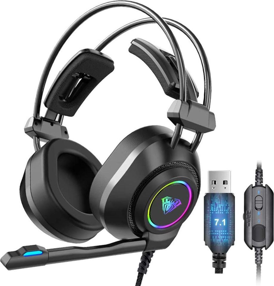 AULA S600 USB RGB Verlichting Gaming headset - 7.1 Surround Sound - Multi platform (PC,laptop,PS4 etc.) - Zwart