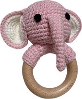 IL BAMBINI Olifantje houten rammelaar & bijtring in 1 - Roze Olifant - Handgemaakt - Hout & Wol - Babycadeau - Kraamcadeau - Baby speelgoed 0-2 jaar