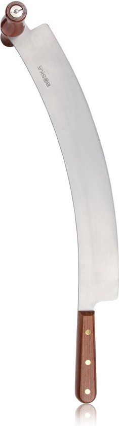 Gebogen kaasmes met een houten handvat en een rond handvat aan de punt.
