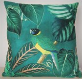 By Eef- sierkussenhoes- 35x35- katoen, velvet, tropische vogels, geel, groen