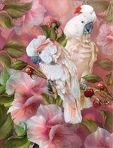 Denza - Diamond painting 40 x 50 cm kaketoe rose vogel op tak ronde steentjes volledige bedrukking puttertje - japanse roos - bloemen - takken - achtergrond - direct leverbaar - bi
