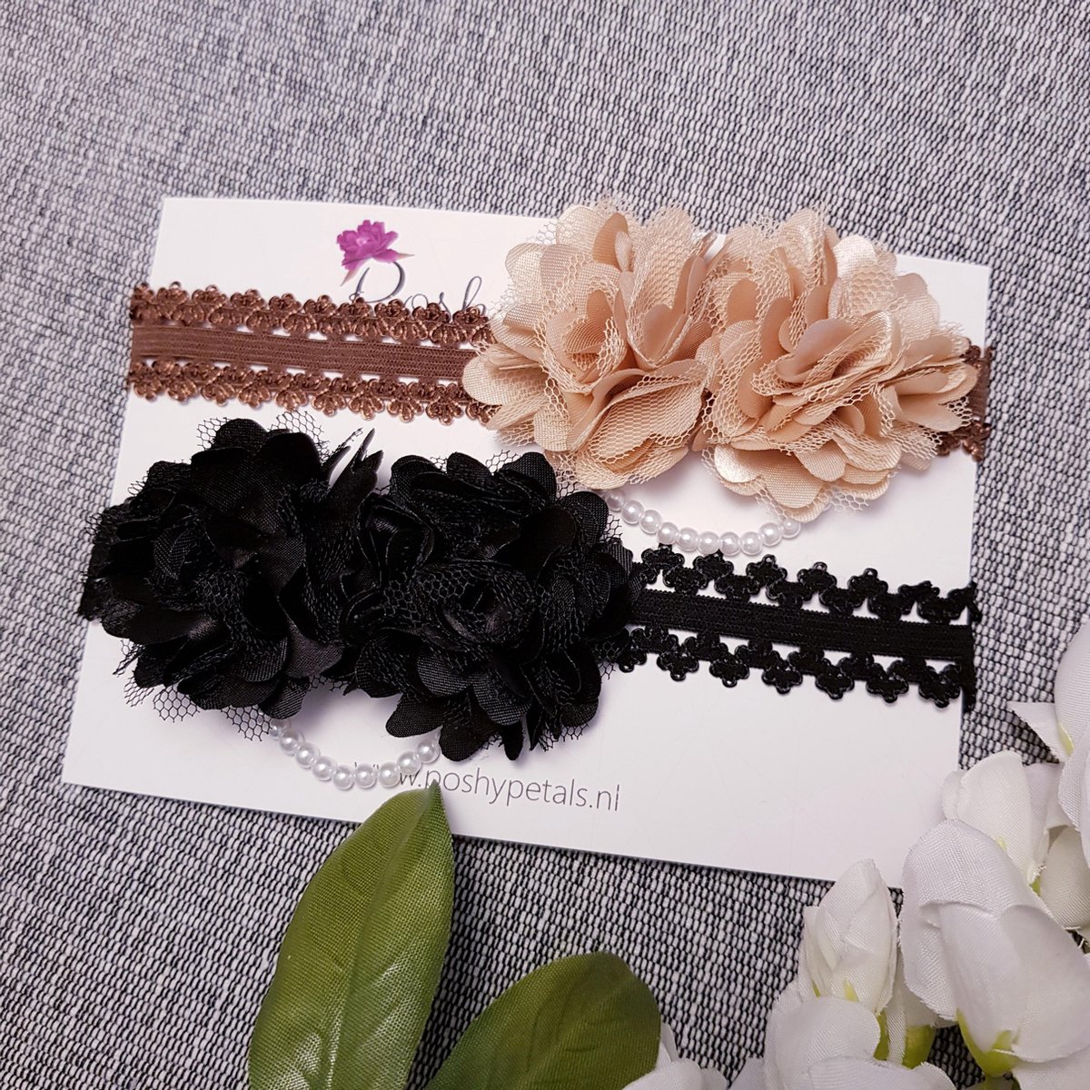 Poshy Petals Vintage Parelketting Haarband voor Meisjes/Baby's Set van 2, Beige/Zwart