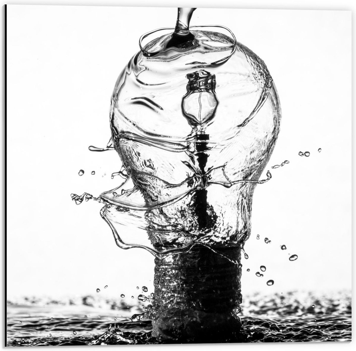 Dibond - Water over Gloeilamp (zwart/wit) - 50x50cm Foto op Aluminium (Met Ophangsysteem)