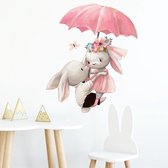 Muursticker | Konijn zwevend aan paraplu | Wanddecoratie | Muurdecoratie | Slaapkamer | Kinderkamer | Babykamer | Jongen | Meisje | Decoratie Sticker |