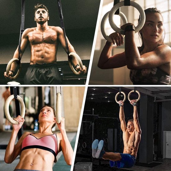 Collage van mannen en vrouwen die trainen met houten gymringen in verschillende omgevingen.