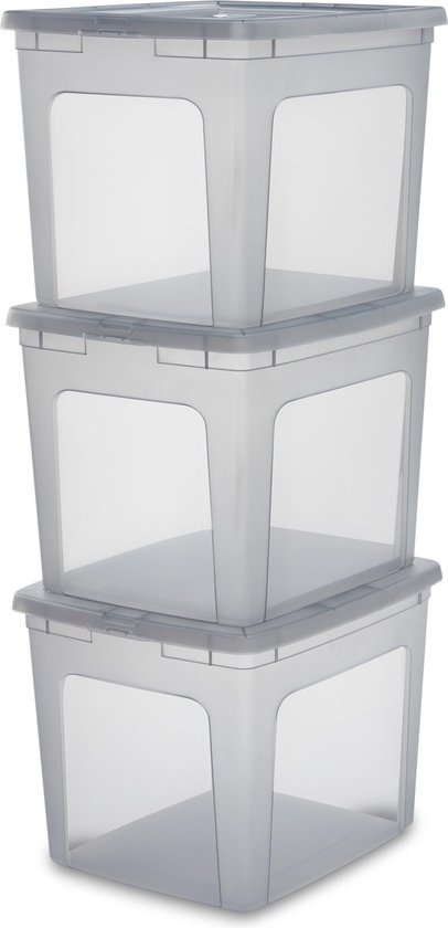 IRIS Clearbox Opbergbox - 30L - Kunststof - Transparant/Grijs - Set van 3