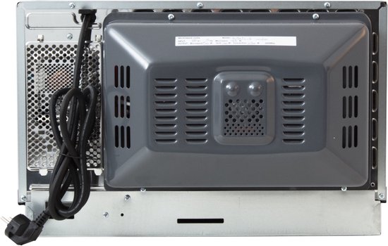 Achterkant van een inbouwmagnetron met ventilatieroosters en stroomkabel.