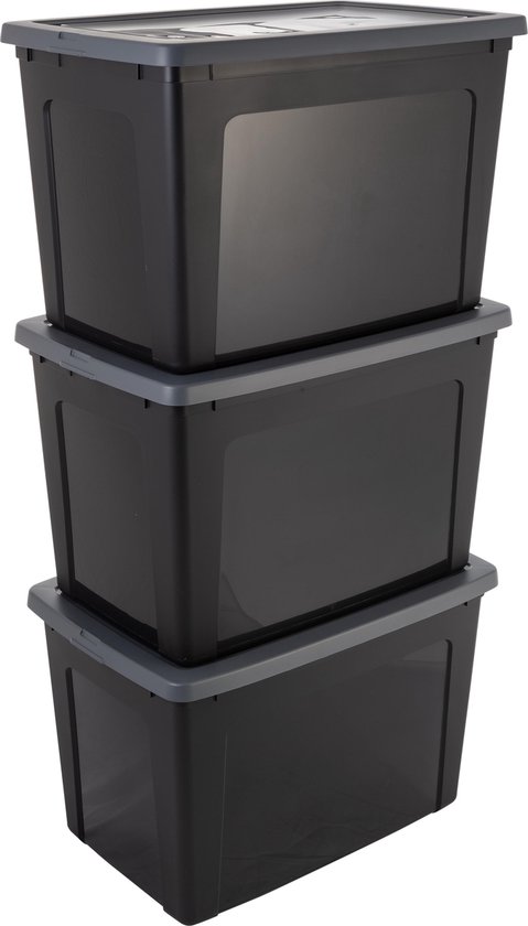 IRIS Modular Clear Box Opbergbox - 70 l - Kunststof - 3 stuks - Zwart/Grijs