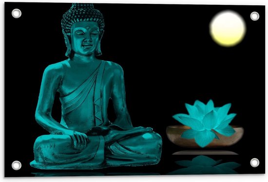 Tuinposter – Boeddha met Blauwe Lotus en Maan - 60x40cm Foto op Tuinposter  (wanddecoratie voor buiten en binnen)