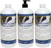 Body & Hair Milk & Honey - 1 liter - set van 3 stuks - met gratis pomp - 2 in 1 voor lichaam en haar.