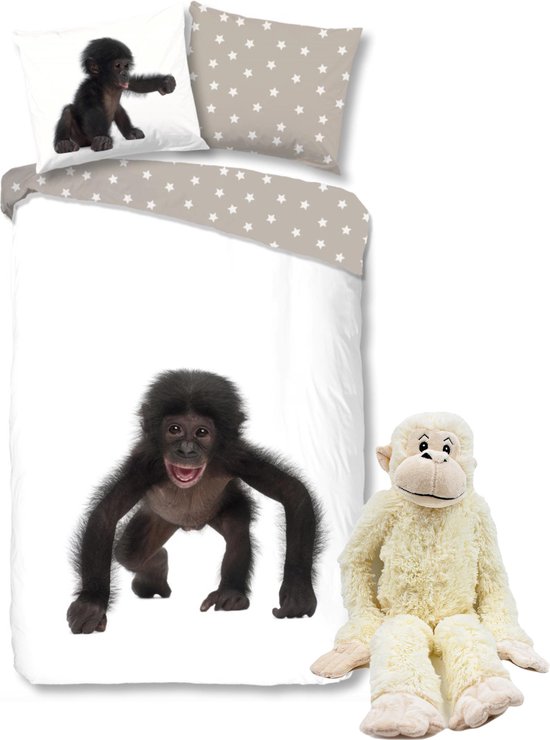 Good Morning Dekbedovertrek Aap met zachte apen knuffel 69 cm -kinder set,  140 x 220... | bol.com