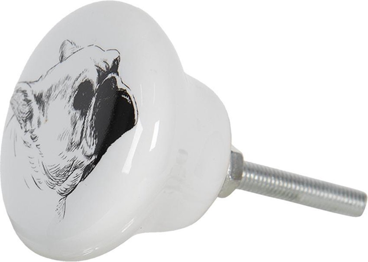 Clayre & Eef Deurknop Ø 4 cm Wit Keramiek Rond Hond Meubelknop Kastknop