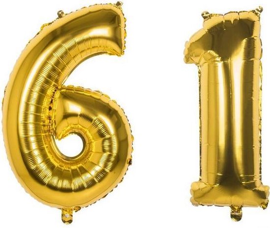 61 Jaar Folie Ballonnen Goud - Happy Birthday - Foil Balloon - Versiering - Verjaardag - Man / Vrouw - Feest - Inclusief Opblaas Stokje & Clip - XL - 115 cm
