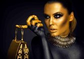 Plexiglas Woman Gold with handbag 120 x 80 cm op Plexiglas incl. luxe ophangframe