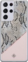 Samsung S21 Ultra hoesje siliconen - Snake print | Samsung Galaxy S21 Ultra case | Roze | TPU backcover transparant