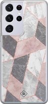 Samsung S21 Ultra hoesje siliconen - Stone grid marmer | Samsung Galaxy S21 Ultra case | Roze | TPU backcover transparant