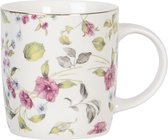 Clayre & Eef Mug 350 ml Blanc Rose Porcelaine Rond Fleurs Tasse à thé