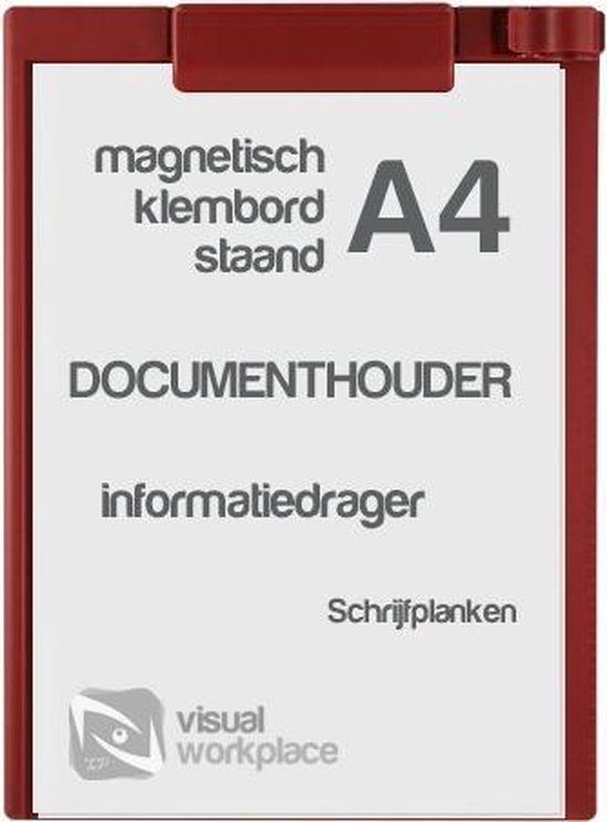 Rood A4 magnetisch klembord staand met tekst: 'MAGNETISCH KLEMBORD STAAND A4 DOCUMENTHOUDER informatiereger Schrijfplanken'.