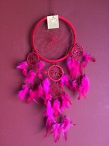 Dromenvanger / Dreamcatcher ± Ø18cm met kleintjes  - rood (roze veer)