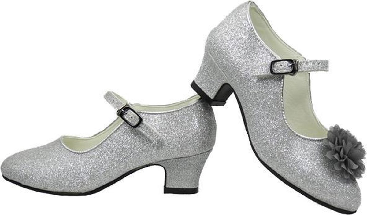 gewelddadig weerstand bieden Bot Zilver glitter schoenen met hakken + GRATIS bloemclips (maat 24 - 17cm) |  bol.com