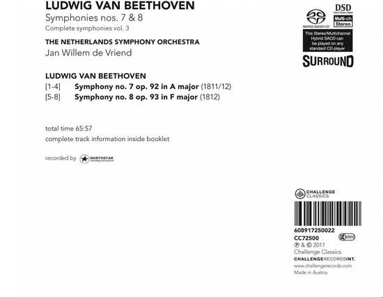Achterkant van CD-hoes met tracklijst voor Beethoven symfonieën 7 & 8 en streepjescode.