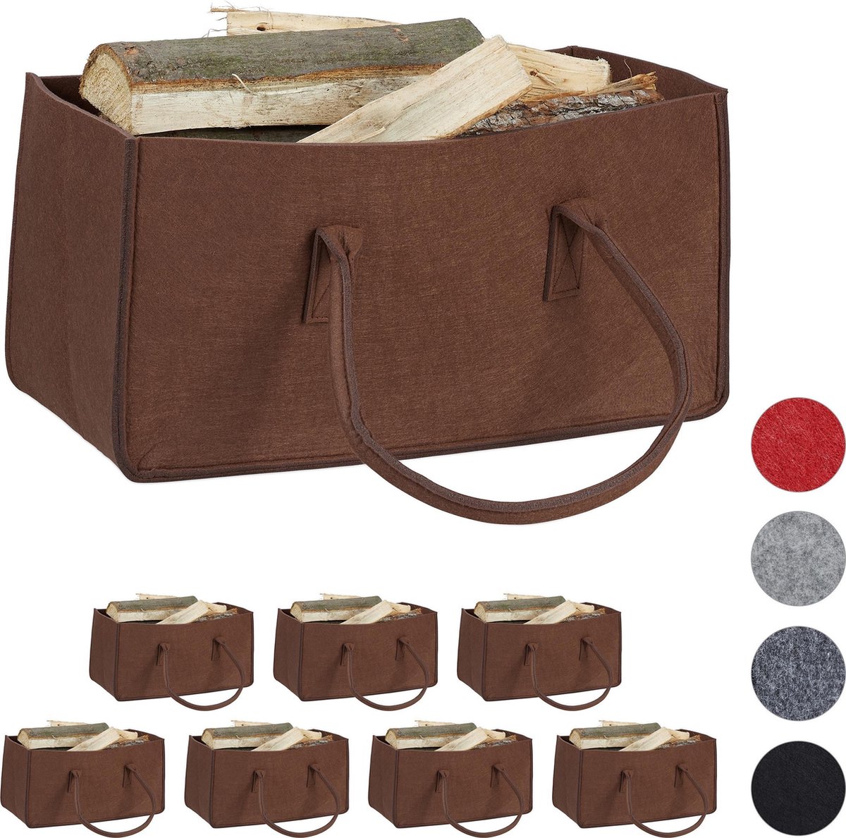 8x houtmand vilt - haardhout tas - draagtas - vilttas - flexibel - bruin