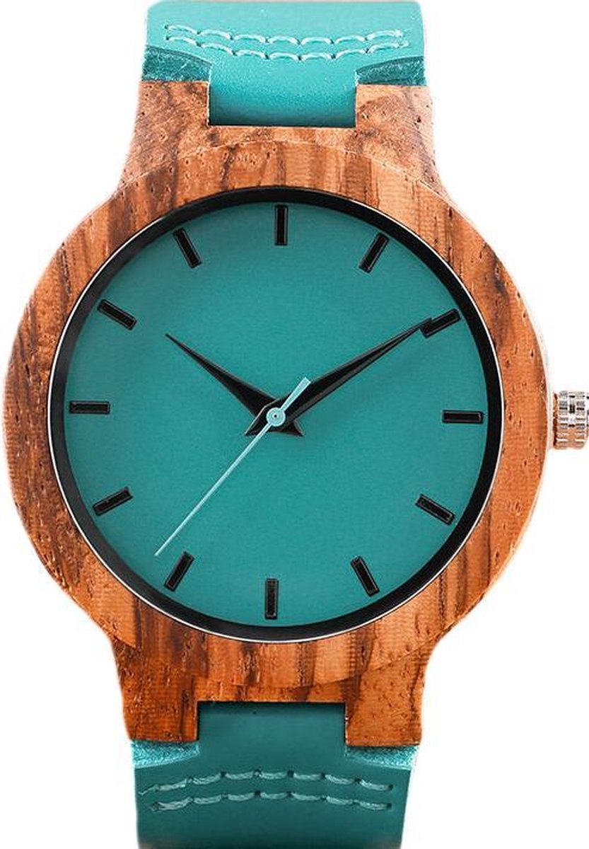 Zoëies houten horloge met lichtblauwe leren band