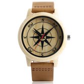 Zoëies houten horloge met bruine leren band en kompas
