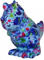 Pomme pidou spaarpot dinosaurus Tito M blauw met doodshoofdjes, hartjes en strikjes