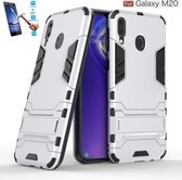 Samsung Galaxy M20 Kickstand Shockproof Zilver Cover Case Hoesje - 1 x Tempered Glass Screenprotector