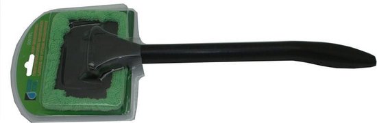Groene microvezelkop met schraper, verpakt in plastic, op een zwarte steel.
