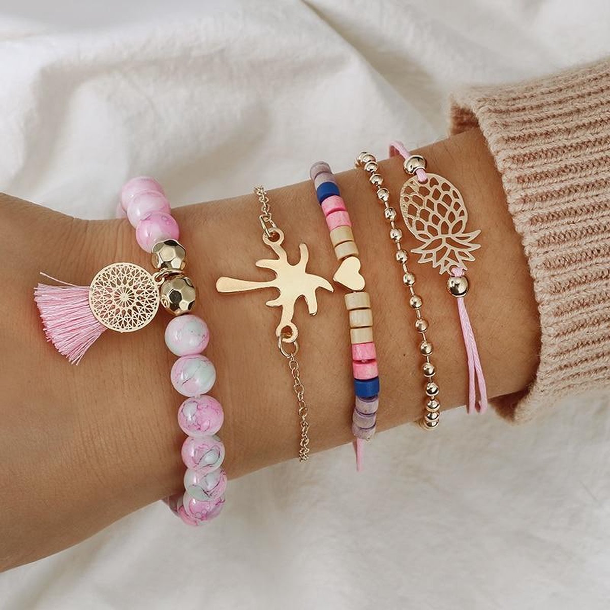 Bohemian Set armbanden 5 delig love hart mandala annas boom - Roze