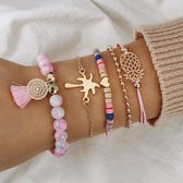Bohemian Set armbanden 5 delig love hart mandala annas boom - Roze