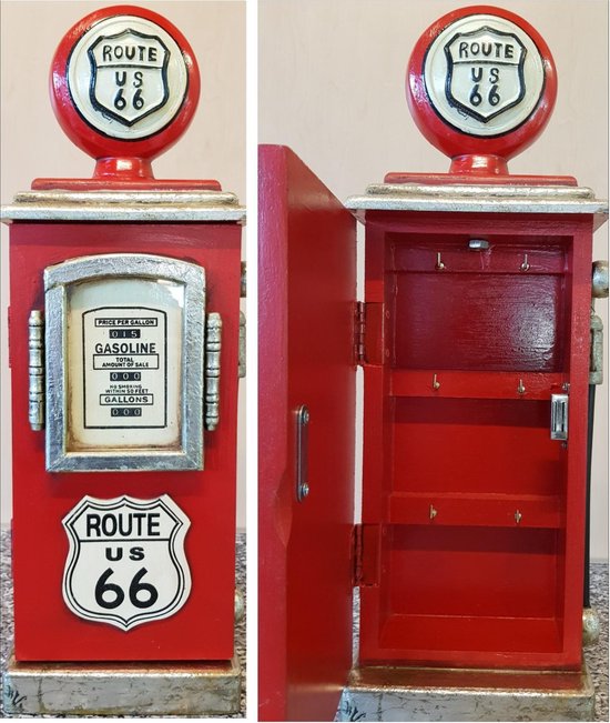 Sleutelkast van hout Route 66 retro benzinepomp rood voor thuis cafe bar man cave showroom garage