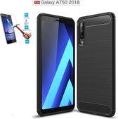 Samsung Galaxy A7 2018 Carbone Brushed Tpu Zwart Cover Case Hoesje - 1 x Tempered Glass Screenprotector
