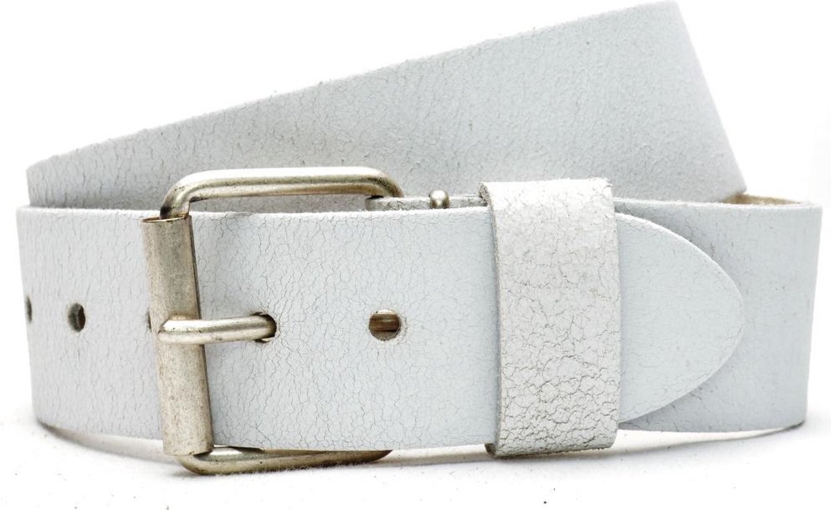 Moderiemen 5cm jeans riem van crack leder - 100% leder - wit - Maat 85 - totale lengte 100 cm