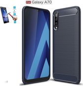 Samsung Galaxy A70 Carbone Brushed Tpu Blauw Cover Case Hoesje - 1 x Tempered Glass Screenprotector CTBL