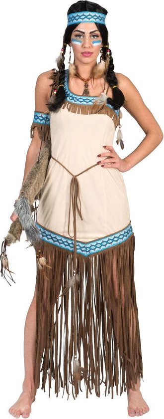 Funny Fashion - Indiaan Kostuum - Wapperende Wigwam Indiaan - Vrouw - Bruin, Wit / Beige - Maat 40-42 - Carnavalskleding - Verkleedkleding