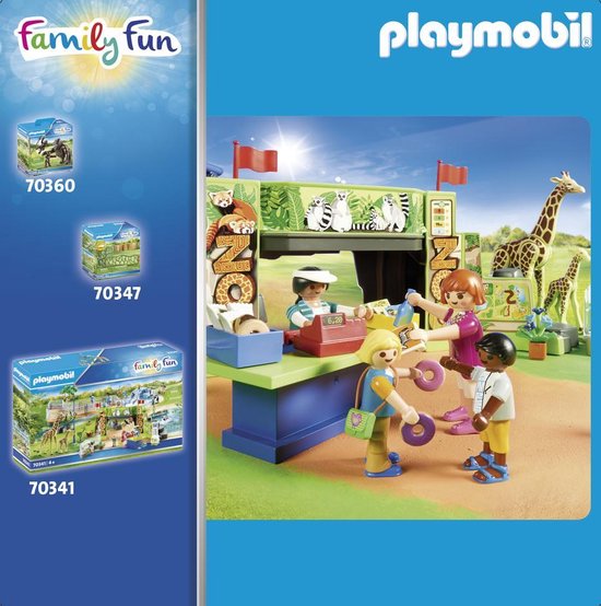 Twee Playmobil verpakkingen. Links de verpakking van nummer 70360 met een rode panda. Daaronder de verpakking van nummer 70347 met dieren. Rechts de verpakking van nummer 70341 met giraffen en nijlpaarden.