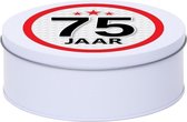 Cadeau/kado wit rond blik 75 jaar 18 cm - Snoeptrommels/koektrommels - Cadeauverpakking voor verjaardag